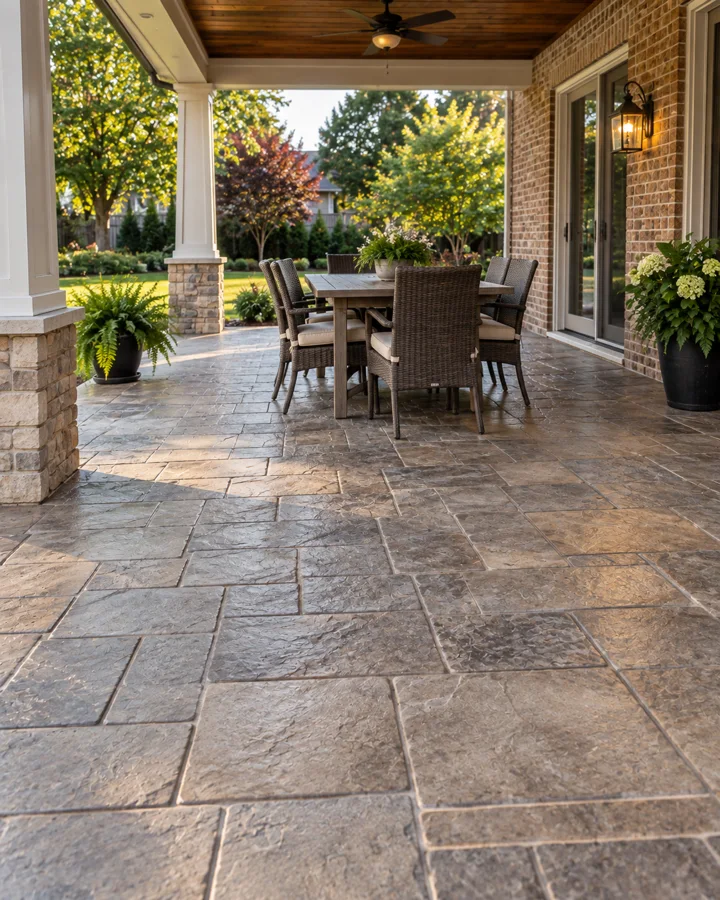 Stamped concrete patio in a stone pattern under a covered outdoor dining area