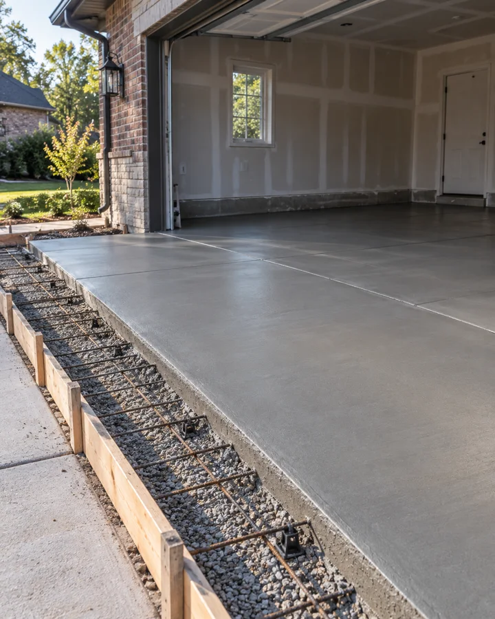 A fresh garage slab with steel mesh visible at the edge before the pour finished