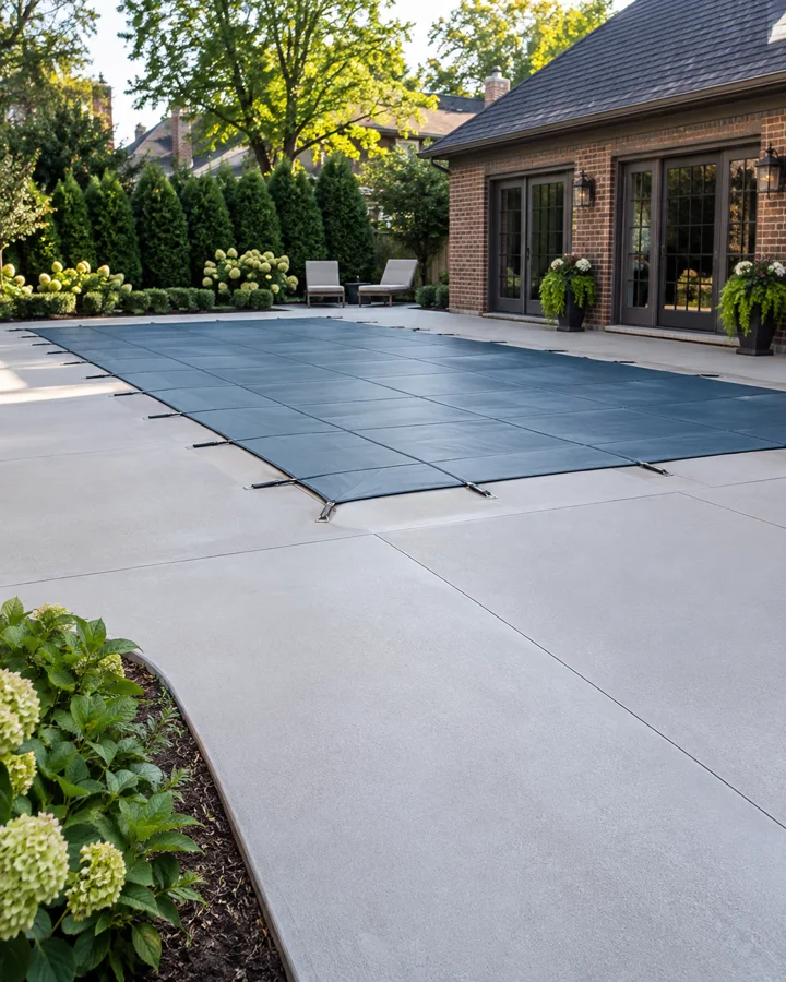 Concrete pool deck around a covered backyard pool beside a brick pool house