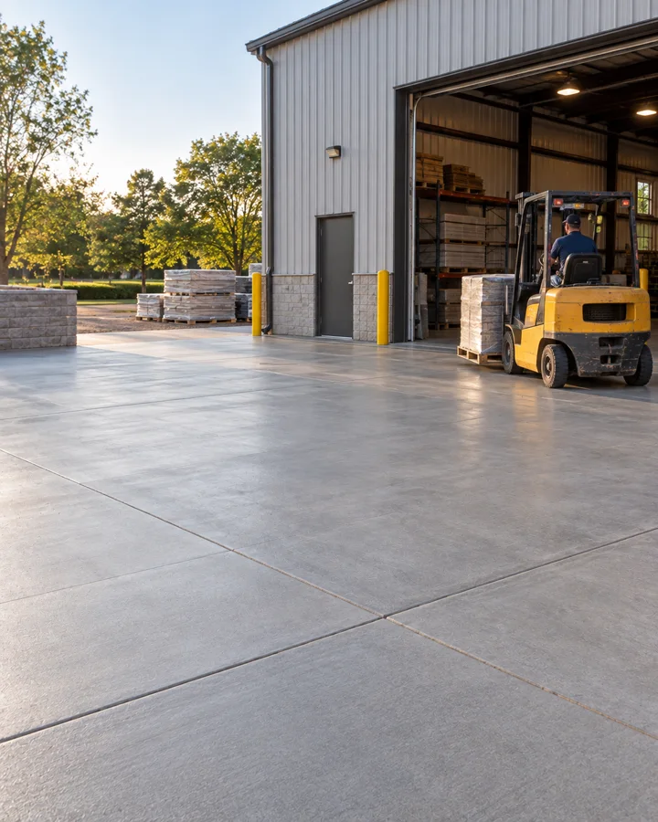 Concrete lot in front of a metal warehouse with a forklift
